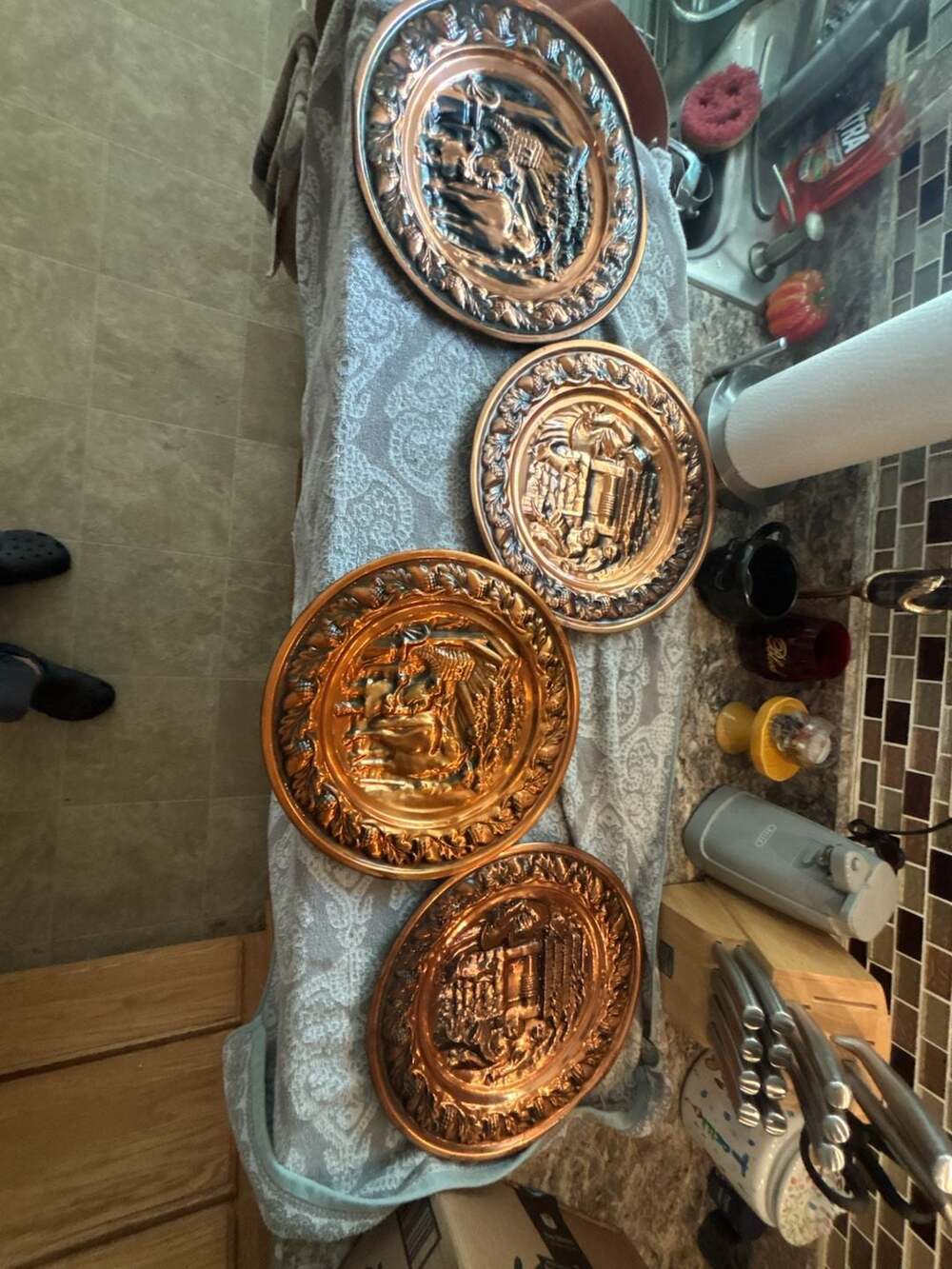 Vintage Embossed Copper Wall Plates Set of 4